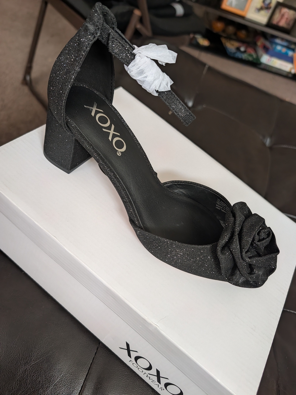 XOXO Black Glitter Block Heel Sandal with Rosette
